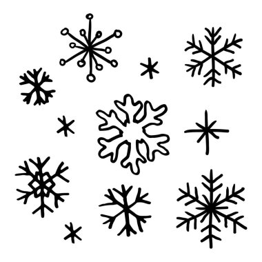 Kar taneleri, elle çizilmiş Noel karalama tasarımı elementleri. Kış tatili tebrik kartı beyaz arka planda izole edilmiş. Vektör illüstrasyonu.