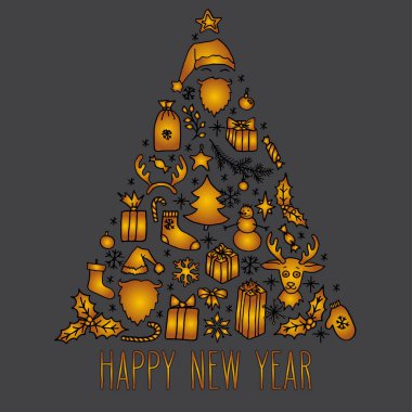 Yeni yılın kutlu olsun. Gri üzerine altın renkli tebrik kartı çizdim. Noel Baba, Noel ağacı, ren geyiği, kardan adam, kar taneleri, hediyeler, süslemeler, kutsal mum, yıldızlar..