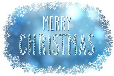 Elle yazılmış Noel selamları, mavi beyaz kar taneleri çerçeveli kartpostallar için modern şenlik el yazısı harfleri. Tatil sezonu tasarımı, vektör illüstrasyonu.