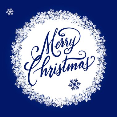 Elle yazılmış Noel selamları, mavi beyaz kar taneleri çerçeveli kartpostallar için modern şenlik el yazısı harfleri. Tatil sezonu tasarımı, vektör illüstrasyonu.