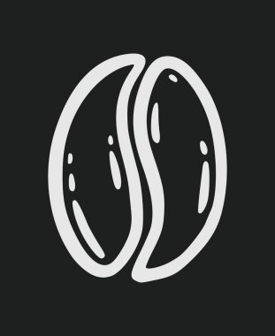 Bir kavrulmuş kahve çekirdeği, kafein sembolü. Siyah arkaplan üzerinde beyaz olarak el çizimi grafik çizimi çizimi.