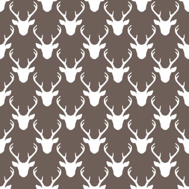Geyik kafalarıyla kusursuz desen. Vector doğa vahşi hayvan geçmişi. Av kupası beyaz ve kahverengi arkaplan.