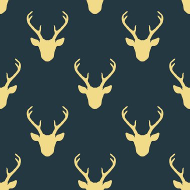 Geyik kafası siluetleriyle kusursuz desen. Vector doğa vahşi hayvan geçmişi. Avcılık kupası, karanlık zemin.
