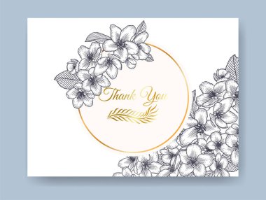 Vektör botanik çiçekli düğün davetiyesi tek renkli kart şablonu. Elma çiçekleri ve yuvarlak altın çerçeve. Tebrik kartı, doğal kozmetik ürünleri ve kadın ürünleri için romantik tasarım.