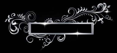 Silver shiny glowing ornate victorian frame isolated over black. Metal metal luxury elegant blank border. Vector background illustration template. clipart
