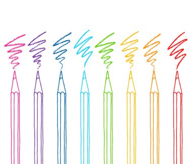 Kapak vuruşlu renkli kalemleri birleştirin. El çizimi vektör çizimi çizimleri yapın. Beyaz arkaplan üzerine izole edilmiş boya kalemleri koleksiyonu.