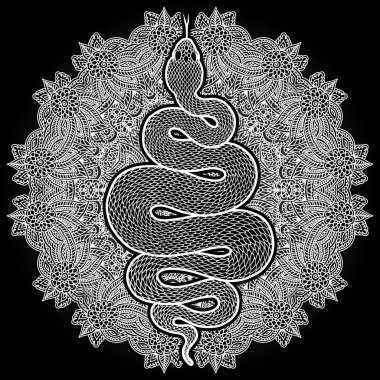Coiled snake over floral mandala detailed illustration. Tribal serpent in white isolated over black background. Vector tattoo design. vector Coiled snake over floral mandala detailed illustration. Tribal serpent in white isolated over black background. Vector tattoo design. vector