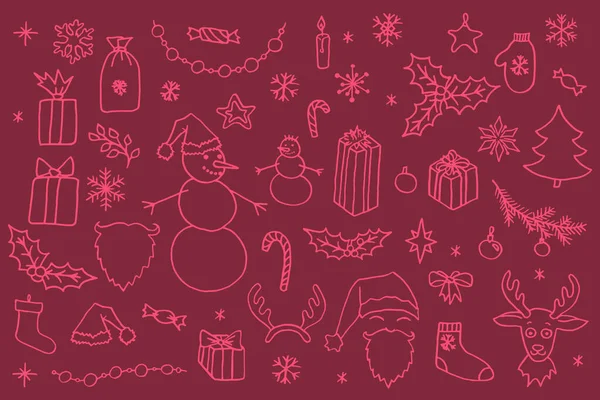 Zestaw Wektor Christmas Ręcznie Rysowane Elementy Doodle Kolorze Różowym Mikołaj — Wektor stockowy