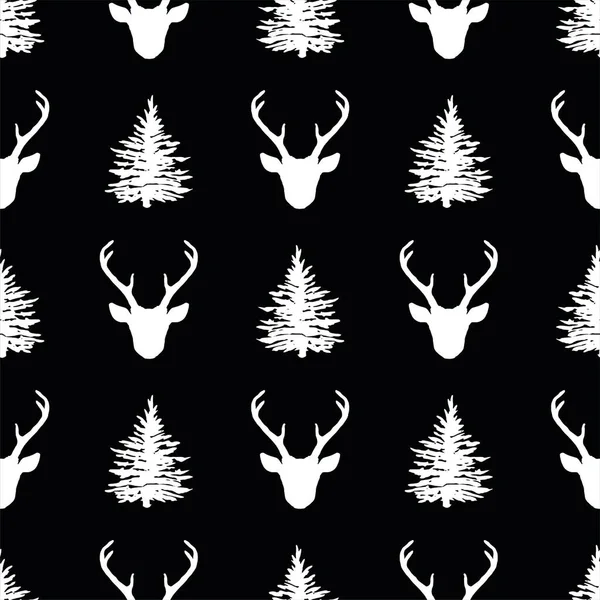 Motif Monochrome Sans Couture Avec Têtes Cerf Sapins Faune Sauvage — Image vectorielle