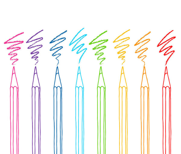 Contour colored pencils with hatch strokes set hand drawn vector doodle illustration. Crayons collection isolated over white background.