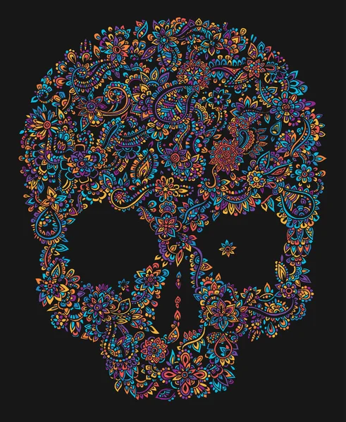 Hand Drawn Detailed Doodle Colored Floral Skull Isolated Black Vector — Stock Vector