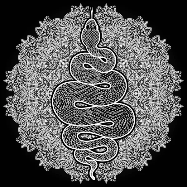 Zwinięty Wąż Nad Kwiatową Mandalą Szczegółowa Ilustracja Plemienny Wąż Białym — Wektor stockowy