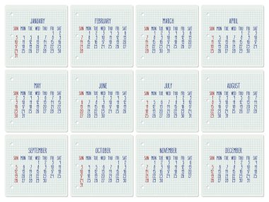 Yıl 2021 vektör takvimi işaretli bir defter sayfasında. Pazar gününden itibaren hafta başlıyor. El yazısı tipografi.