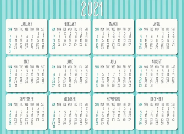 Jahr 2021 Vektor Monatslichtkalender Weißer Rahmen Über Pastellblau Gestreiftem Hintergrund — Stockvektor