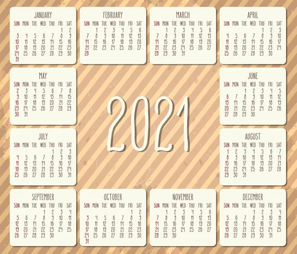 Anno 2021 Calendario Mensile Vettoriale Settimana Partire Domenica Vintage Strisce — Vettoriale Stock