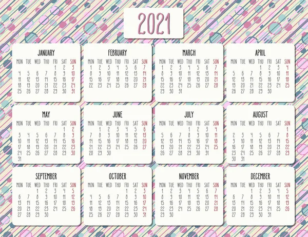 Año 2021 Vector Calendario Mensual Semana Partir Del Lunes Diseño — Archivo Imágenes Vectoriales