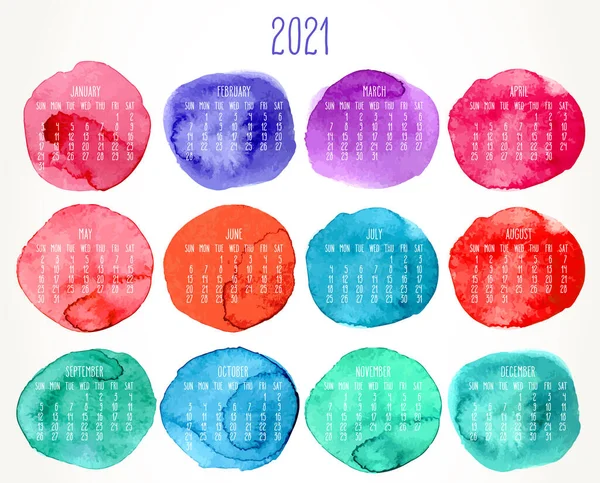 Año 2021 Vector Calendario Artístico Mensual Acuarela Dibujada Mano Círculos — Vector de stock