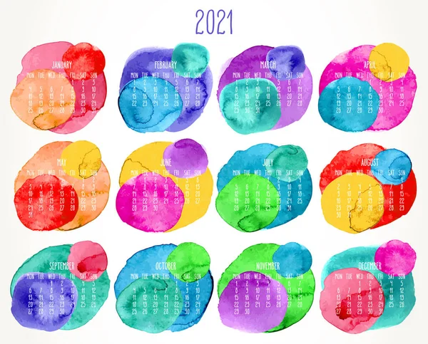 2021 Векторний Щомісячний Художній Календар Рука Намальовані Акварельні Барвисті Кола — стоковий вектор