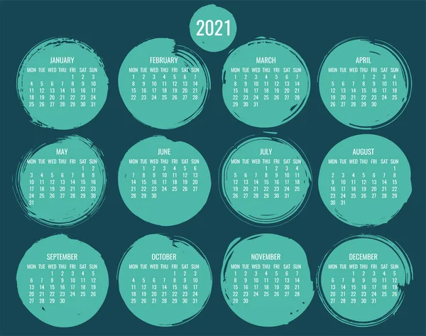 Ano 2021 Calendário Mensal Vetor Contemporâneo Mão Desenhado Círculo Pincel —  Vetores de Stock