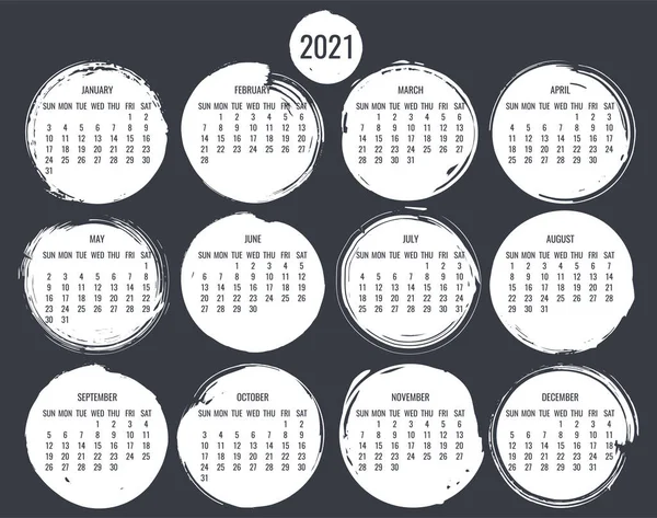 2021 Рік Векторний Щомісячний Календар Дизайн Мальованого Білого Кола Пензлем — стоковий вектор
