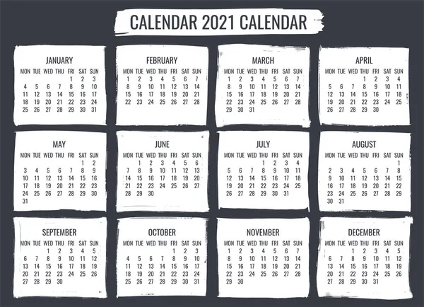 Année 2021 Vecteur Contemporain Calendrier Mensuel Design Coup Pinceau Blanc — Image vectorielle