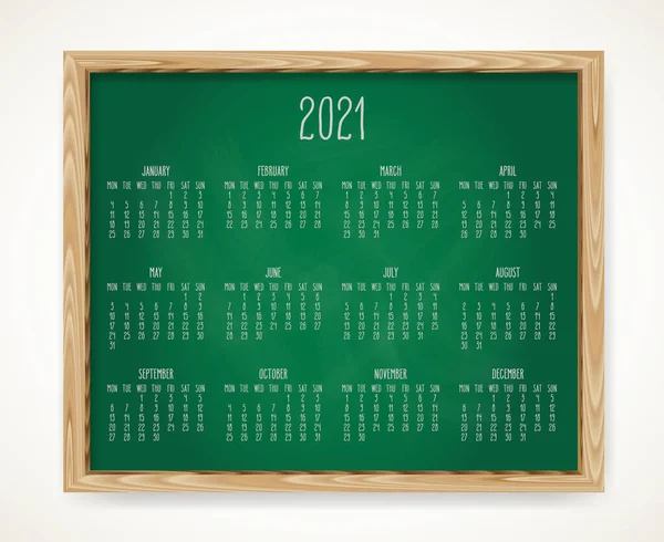 Hand Written Chalk Vector Calendar Year 2021 Green Chalkboard Frame — Stock Vector