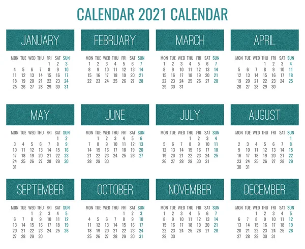 Año 2021 Vector Calendario Mensual Sobre Verde Azulado Blanco Encaje — Vector de stock