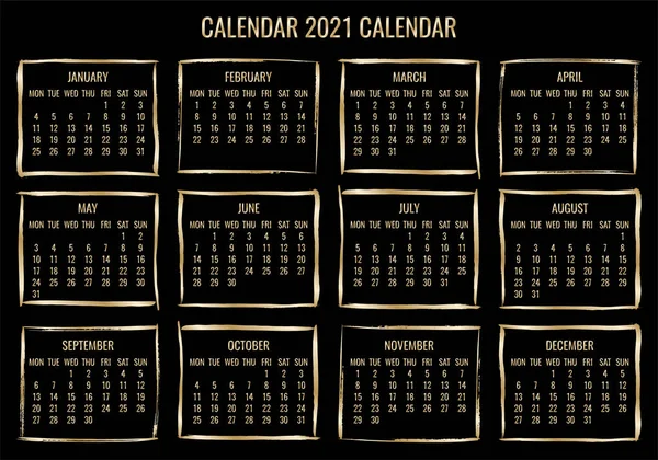 Año 2021 Vector Mensual Oro Calendario Moderno Semana Partir Del — Vector de stock