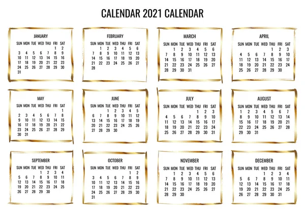 Año 2021 Vector Mensual Marco Dorado Calendario Moderno Semana Partir — Vector de stock