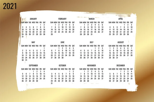 Año 2021 Vector Mensual Marco Dorado Calendario Moderno Semana Partir — Vector de stock