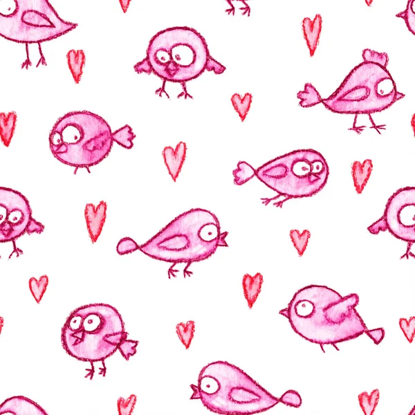 かわいいロマンチックなピンクの鳥の手のシームレスなパターンを描いた 面白い鳥や心を持つ漫画の背景 — ストック写真