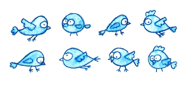 青いかわいい小さな鳥のセット 白い背景に隔離された漫画の面白い鳥 — ストック写真