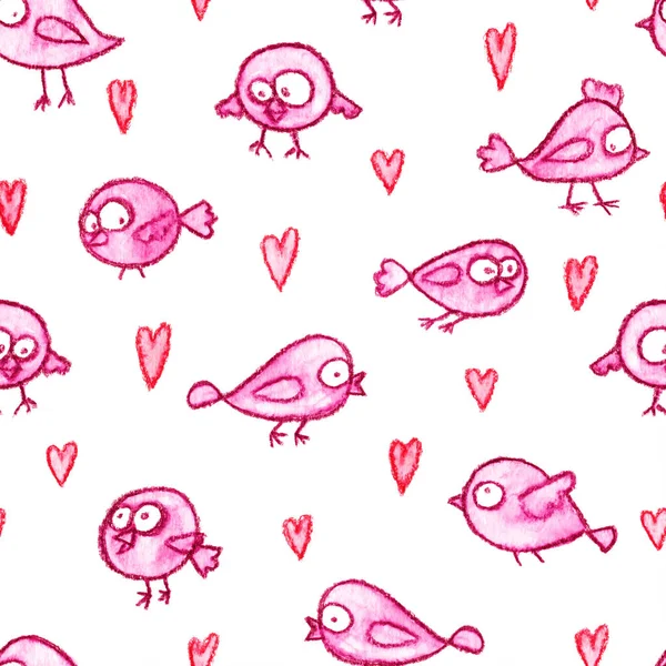 Cute Little Romantic Pink Birds Hand Drawn Seamless Pattern Cartoon — Stock Photo, Image