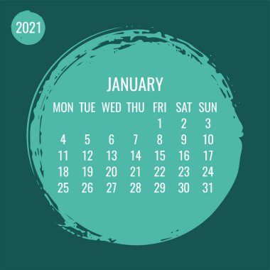 Ocak 2021, aylık vektör takvimi. El çizimi çember fırça darbesi yeşil tasarım. Hafta pazartesiden itibaren başlıyor.