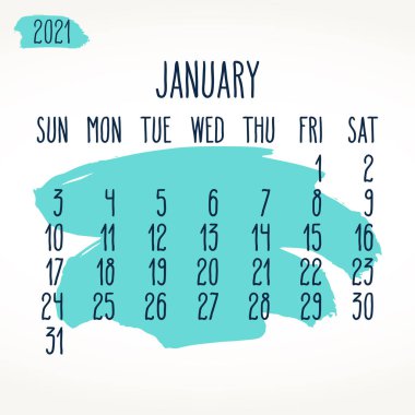 Ocak 2021, aylık vektör takvimi. El yapımı fırça darbesi turkuazı beyaz arka plan üzerinde mavi boya tasarımı. Hafta pazar gününden itibaren başlıyor