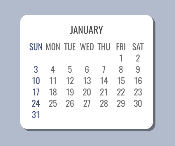 2021年1月ベクトル月平面ミニマリストシンプルなライトグレーとホワイトカレンダー 日曜日からの週 — ストックベクタ