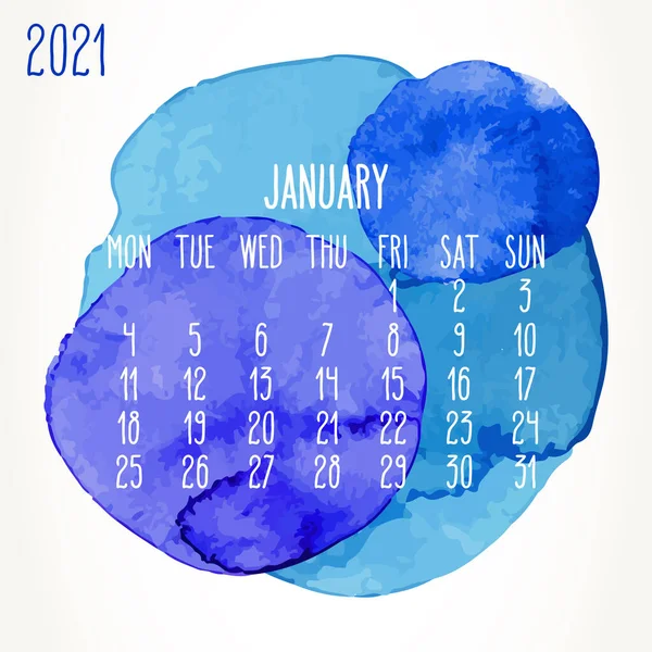 Leden 2021 Vektorový Měsíční Umělecký Kalendář Ručně Kreslené Akvarel Modrá — Stockový vektor