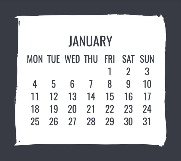 Januar Jahr 2021 Zeitgenössischer Vektormonatskalender Handgezeichneter Weißer Pinselstrich Auf Schwarzem — Stockvektor