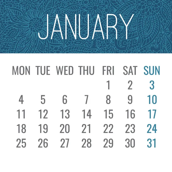 Januar Jahr 2021 Vektor Monatskalender Über Blauem Spitzen Doodle Kunstvoll — Stockvektor