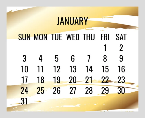 January Year 2021 Vector Monthly Golden White Modern Calendar Week — Stock Vector