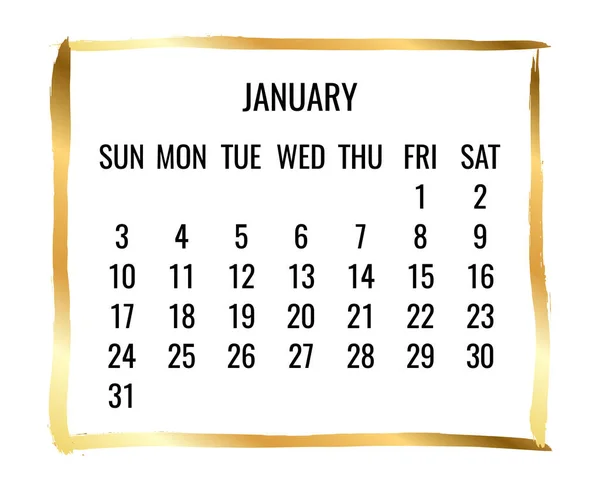 January Year 2021 Vector Monthly Golden Frame Modern Calendar Week — Stock Vector