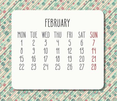 Şubat 2021 vektör takvimi. Hafta pazartesiden itibaren başlıyor. Pastel renkli noktalar ve çizgiler ışık tasarımı.