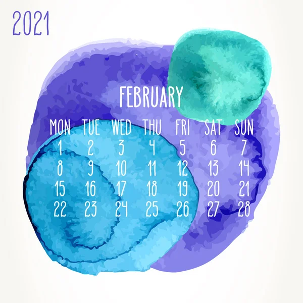 Febrero Año 2021 Vector Calendario Artístico Mensual Acuarela Dibujada Mano — Vector de stock