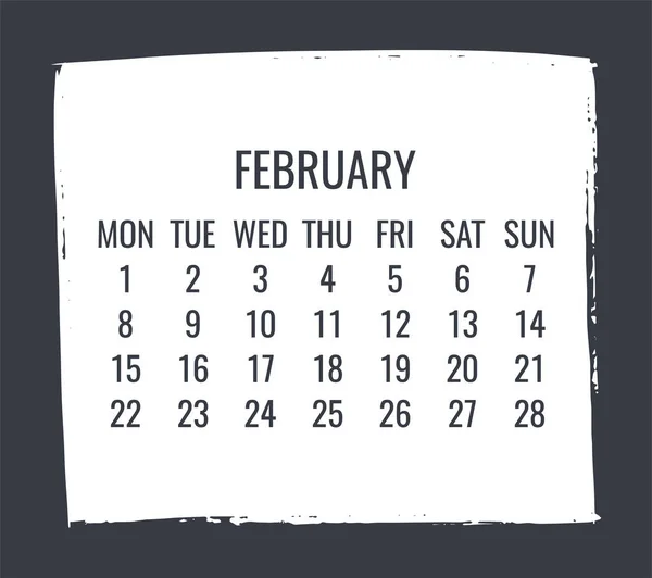 Febbraio 2021 Calendario Mensile Vettoriale Contemporaneo Disegno Pennellata Bianca Disegnata — Vettoriale Stock