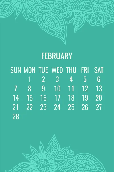 Februar Jahr 2021 Vektor Monatskalender Über Spitze Kritzelei Kunstvoll Handgezeichnet — Stockvektor