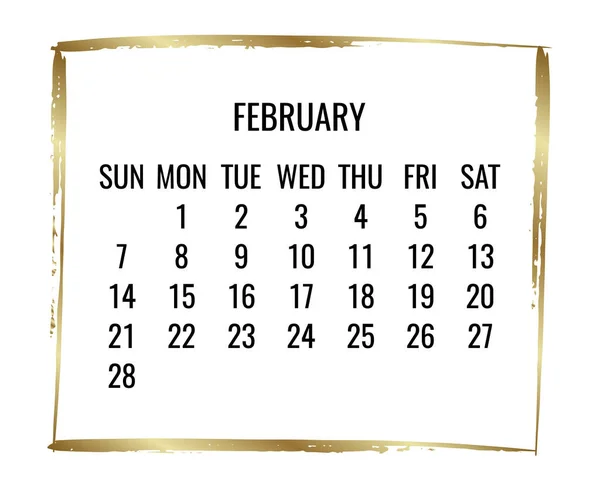 February Year 2021 Vector Monthly Golden Frame Modern Calendar Week — Stock Vector