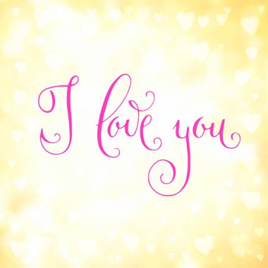 Kare, soyut, sarı arka plan, üzerinde kalp şeklinde ışıklar ve el pembesi yazılı. Seni seviyorum..