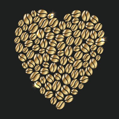 Bir grup altın kavrulmuş kahve çekirdeği kalp oluşturuyor, kafein sembolüne bayılıyorlar. El çizimi grafik çizimi siyah arkaplan üzerinde izole.
