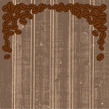 Fırınlanmış kahve çekirdekleri boş. Grafik menü şablonu vektör çizimi. Ahşap masa arkaplanı.