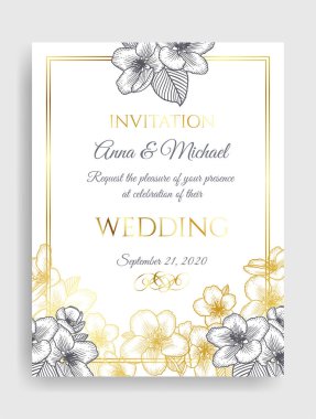Çiçeksel botanik altın düğün davetiyesi. Üzerinde altın ve tek renkli elma çiçekleri olan zarif bir kart şablonu. Romantik bahar vektör çerçevesi tebrik kartı tasarımı.